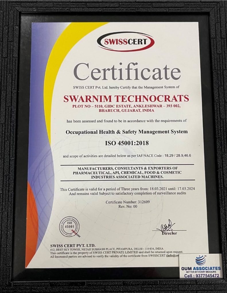 ISO 45001 2018 certificate - Swarnim Technocrats Ankleshwar