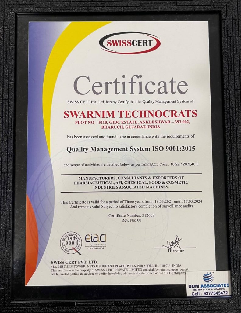 ISO 9001 2015 certificate - Swarnim Technocrats Ankleshwar